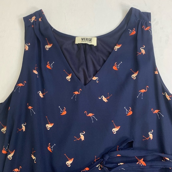 Verse Flamingo‎ Pattern Navy Dress Belted Women’s Size M / L - Picture 5 of 16